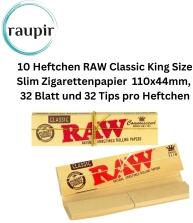 raupir Set 10 Heftchen RAW Classic King Size Connoisseur Papers mit Filtertips