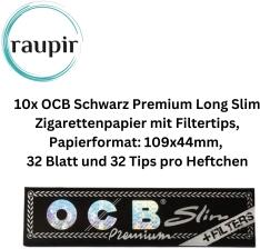 raupir Set 10 Heftchen OCB Schwarz Premium Long Slim Papier mit Filtertips