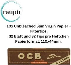 raupir Set 10 Heftchen OCB Unbleached Slim Virgin Papier mit Filtertips Zigarettenpapier