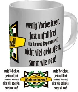 Tasse mit Fun Spruch: im RUHESTAND! witzige Kaffeetasse / Becher im Geschenkkarton für den Rentner / Ruheständler