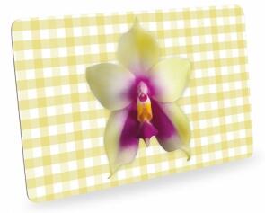 Frühstücksbrettchen Orchideen mit Karo, Schneidebrett Brettchen mit Orchideenblüte, kariert gelb