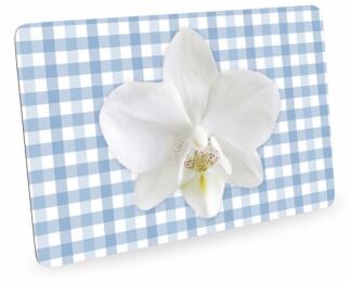 Frühstücksbrettchen Orchideen mit Karo, Schneidebrett Brettchen mit Orchideenblüte, kariert blau